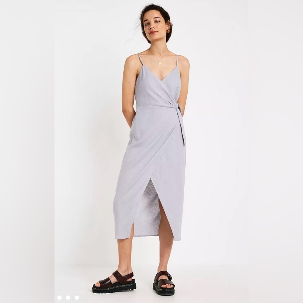 Urban Outfitters Quebec Grey Linen Side-Tie Midi Wrap Dress Medium
